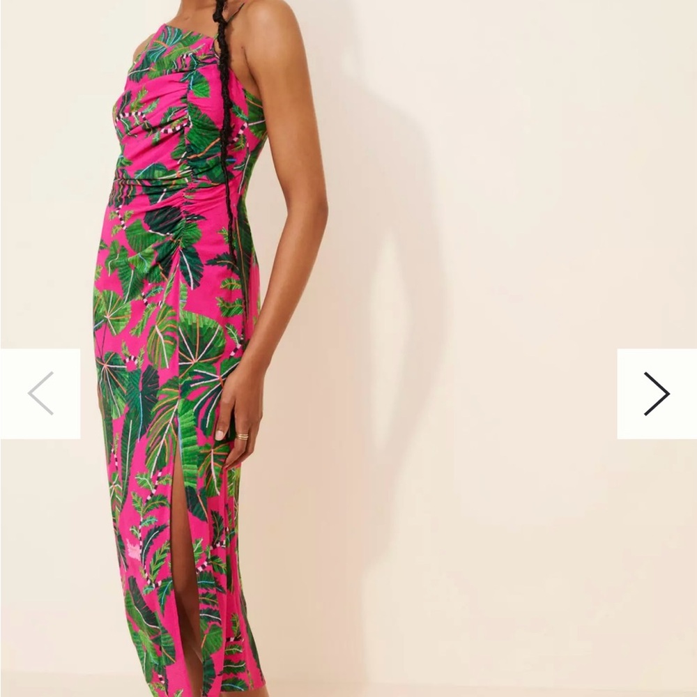 FARM Rio Leaves Pink and Green Midi Dress, Size M
